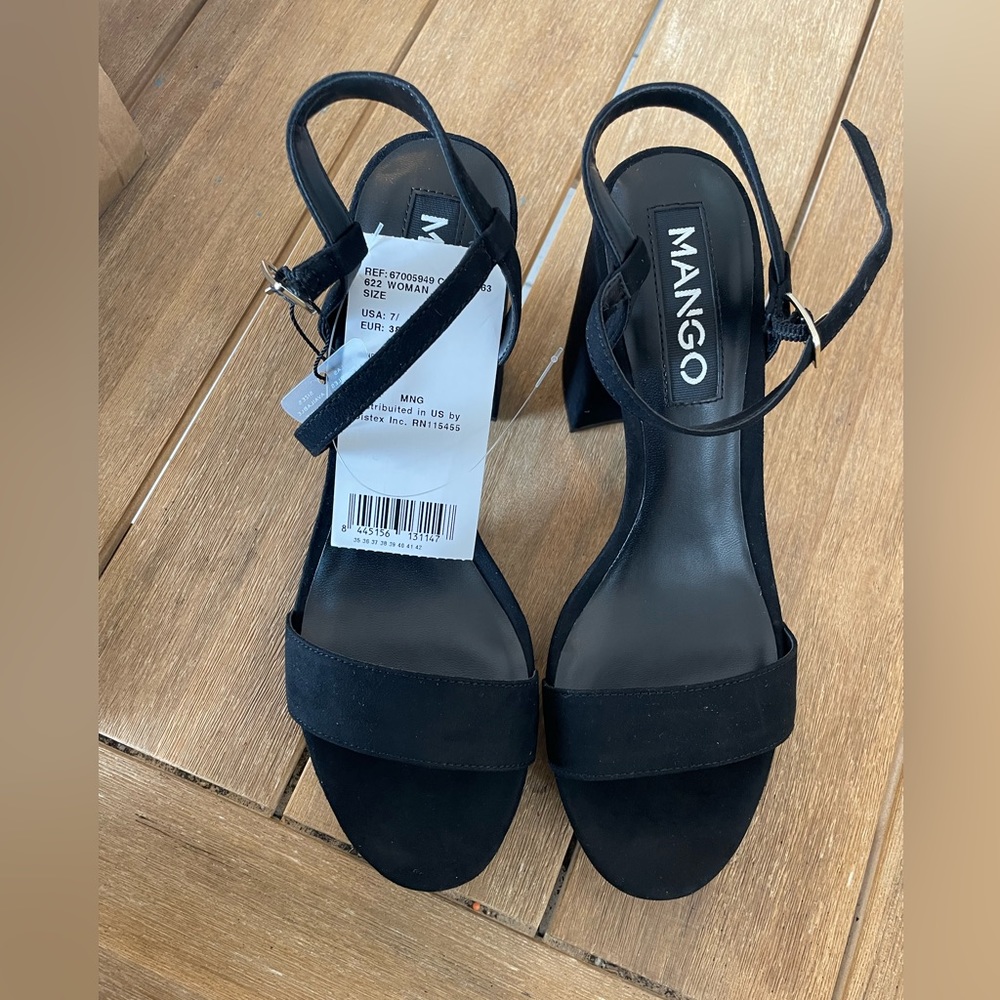 Mango Black Platform Block Heel. Suede Sandal. US Size 7